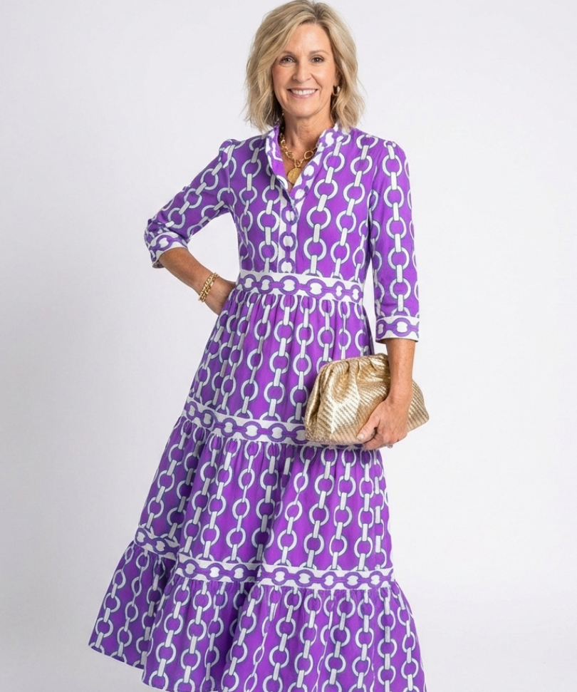 Ysolde | Vestido Midi com Padrão de Cadeia e Manga Três Quartos