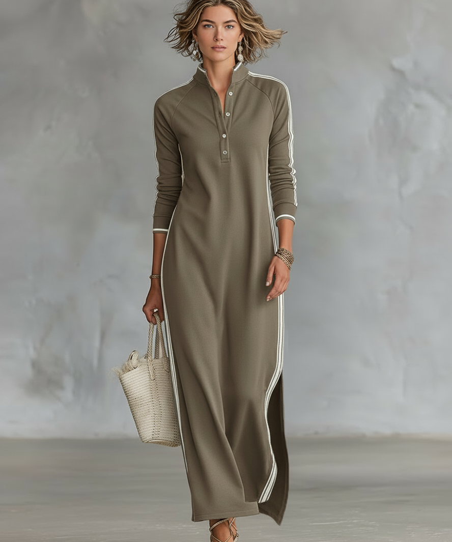 Vestido Maxi de Moletão com Gola de Botão