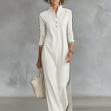 Vestido Maxi de Moletão com Gola de Botão
