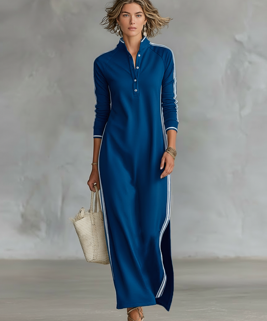 Ana - Vestido Maxi de Sweat com Gola de Botão