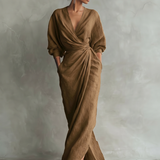 Vestido Maxi de Linho Rosa com Decote em V