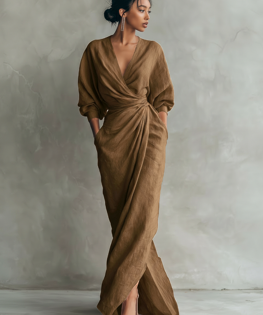 Vestido Maxi de Linho Rosa com Decote em V