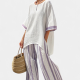 Allegra – blusa confortável e calças riscas em bambu
