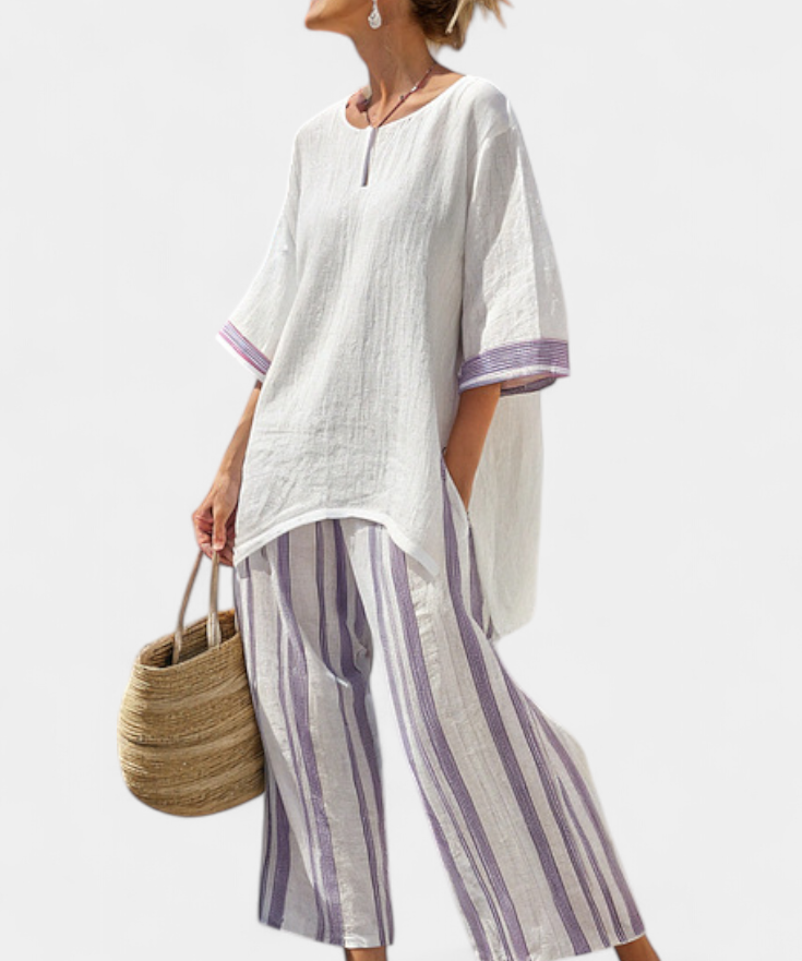 Allegra – blusa confortável e calças riscas em bambu