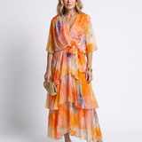 Calista | Vestido Maxi com Decote em V e Cintura Amarrada em Camadas Transparentes