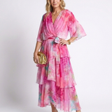 Calista | Vestido Maxi com Decote em V, Camadas e Cintura com Laço