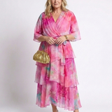 Calista | Vestido Maxi com Decote em V e Cintura Amarrada em Camadas Transparentes