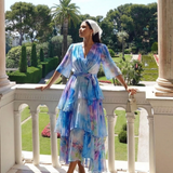 Calista | Vestido Maxi com Decote em V e Cintura Amarrada em Camadas Transparentes