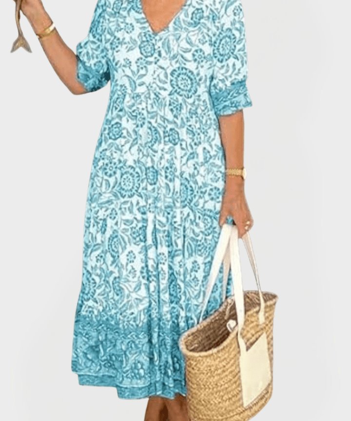 Vera | Vestido Floral Azul Elegante Verão