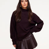 Suéter de Malha Aubergine + Saia de Couro PU Aubergine - Conjunto