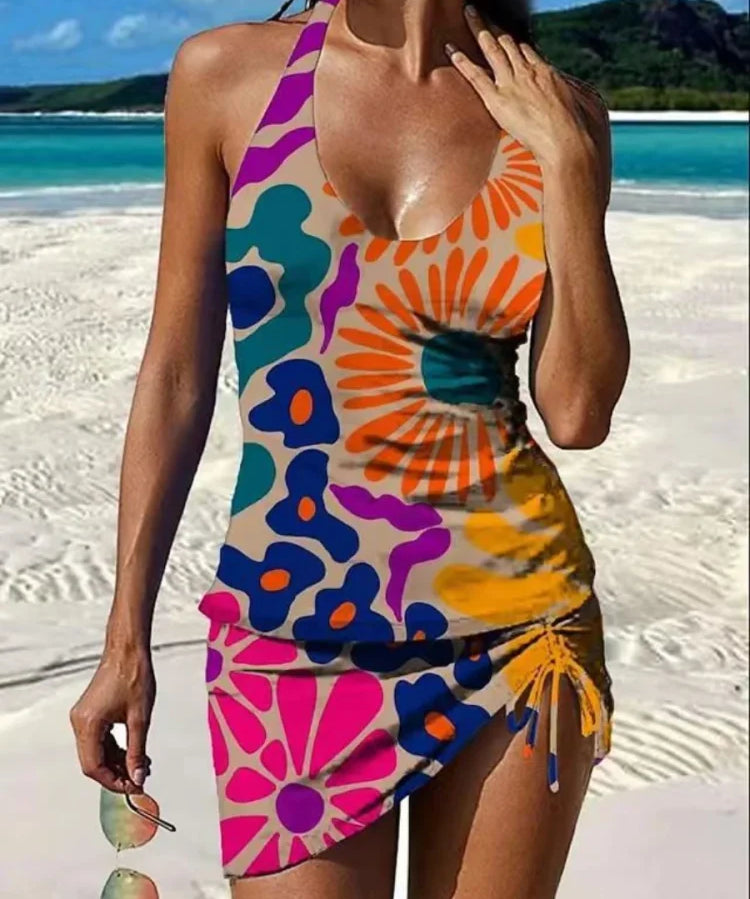 Fiesta – Tankini gráfico floral com calções, efeito barriga lisa
