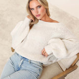Suéter de Lã Tricotado Creme Off Shoulder