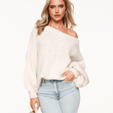 Suéter de Lã Tricotado Creme Off Shoulder