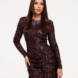 Vestido Drapado com Lantejoulas Pequenas Castanho Escuro