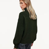 Pullover de Gola Alta em Malha Verde Escuro com Mangas Balão