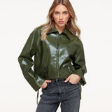 Suéter Verde Escuro Tricotado + Casaco de Couro PU Verde Escuro - Conjunto