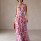 Belladina | Romântica Cascata de Rosas Vestido Longo com Decote à Americana