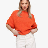 Pullover Laranja de Lã Tricotada com Mangas 3/4