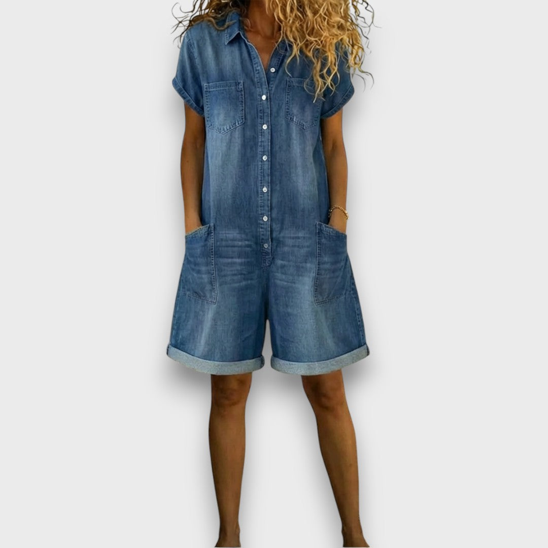 Joan™ | Salopete curta em algodão efeito denim