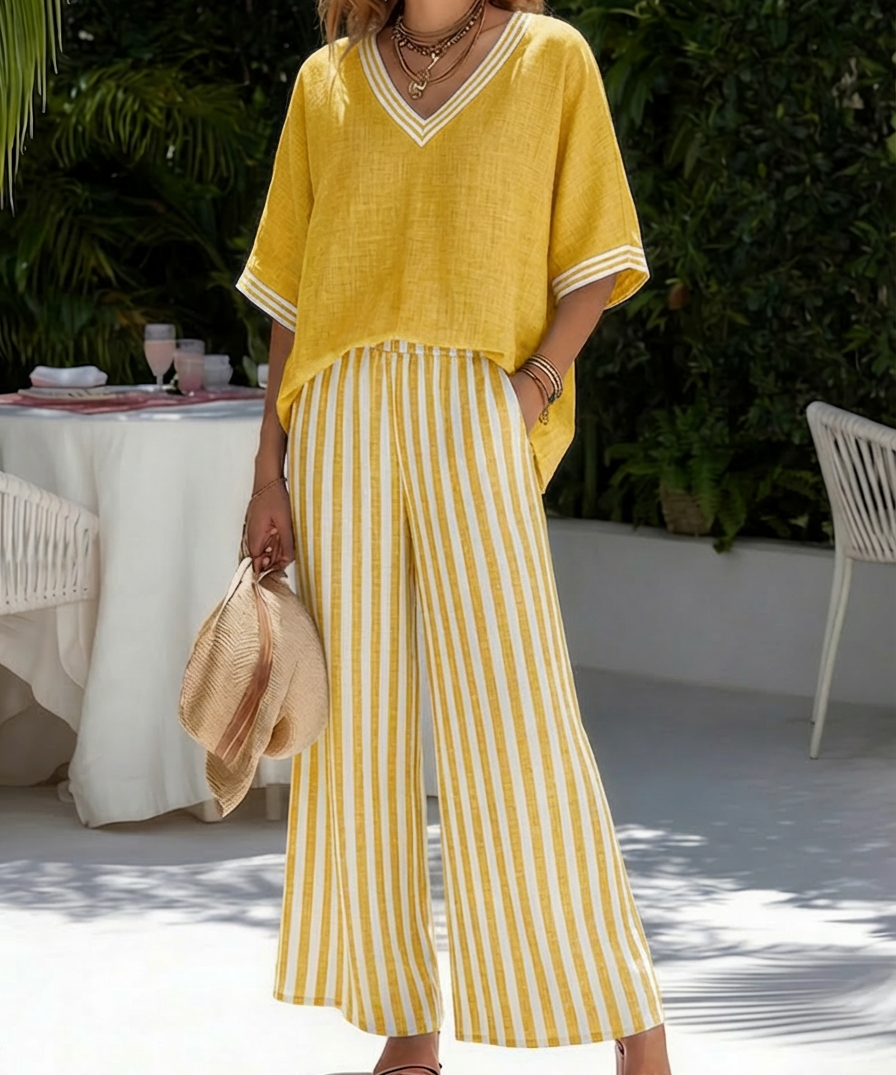 Amélia | Conjunto Listrado em Linho e Algodão Elegante e Descontraído