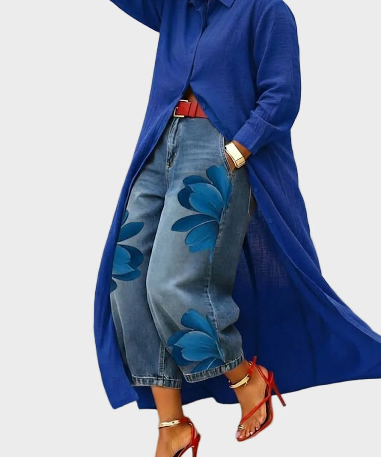 Daniella - Vestido de Linho & Conjunto de Jeans Floral