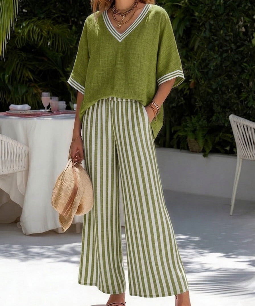 Amélia | Conjunto Listrado em Linho e Algodão Elegante e Descontraído