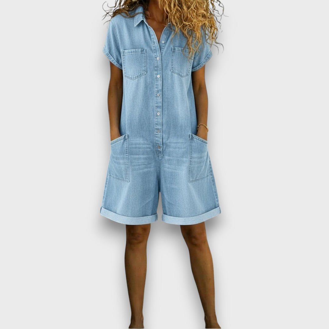 Joan™ | Salopete curta em algodão efeito denim