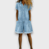Joan™ | Salopete curta em algodão efeito denim