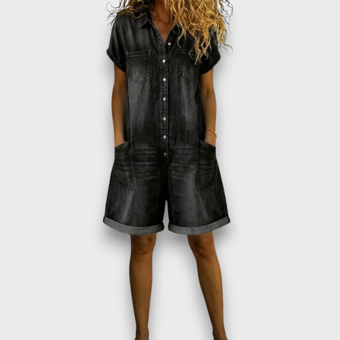 Joan™ | Salopete curta em algodão efeito denim