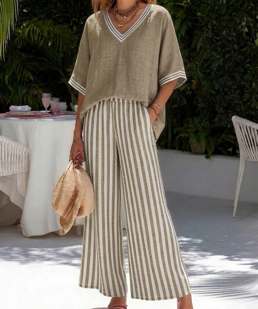 Amélia | Conjunto Listrado em Linho e Algodão Elegante e Descontraído