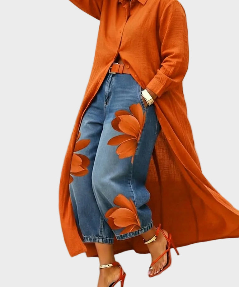 Daniella - Vestido de Linho & Conjunto de Jeans Floral